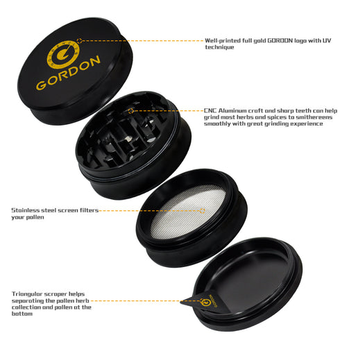 Gordon 4 Lay Aluminum Alloy Herb Grinder, Black 63 mm Smoker Grinder, Easy Clean Herb Grinders